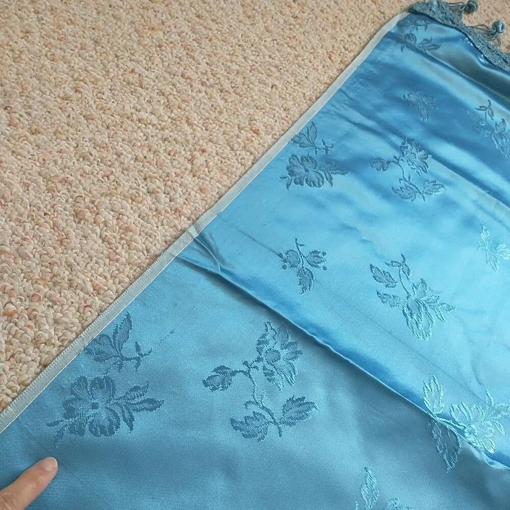 Vtg Italian Bedspread Coverlet Blue Satin Damask Roses TasselS 95x95*READ